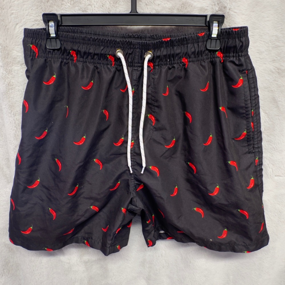 SHEIN Men's Black Chili Pepper Print Swim Trunks Size‎ Medium